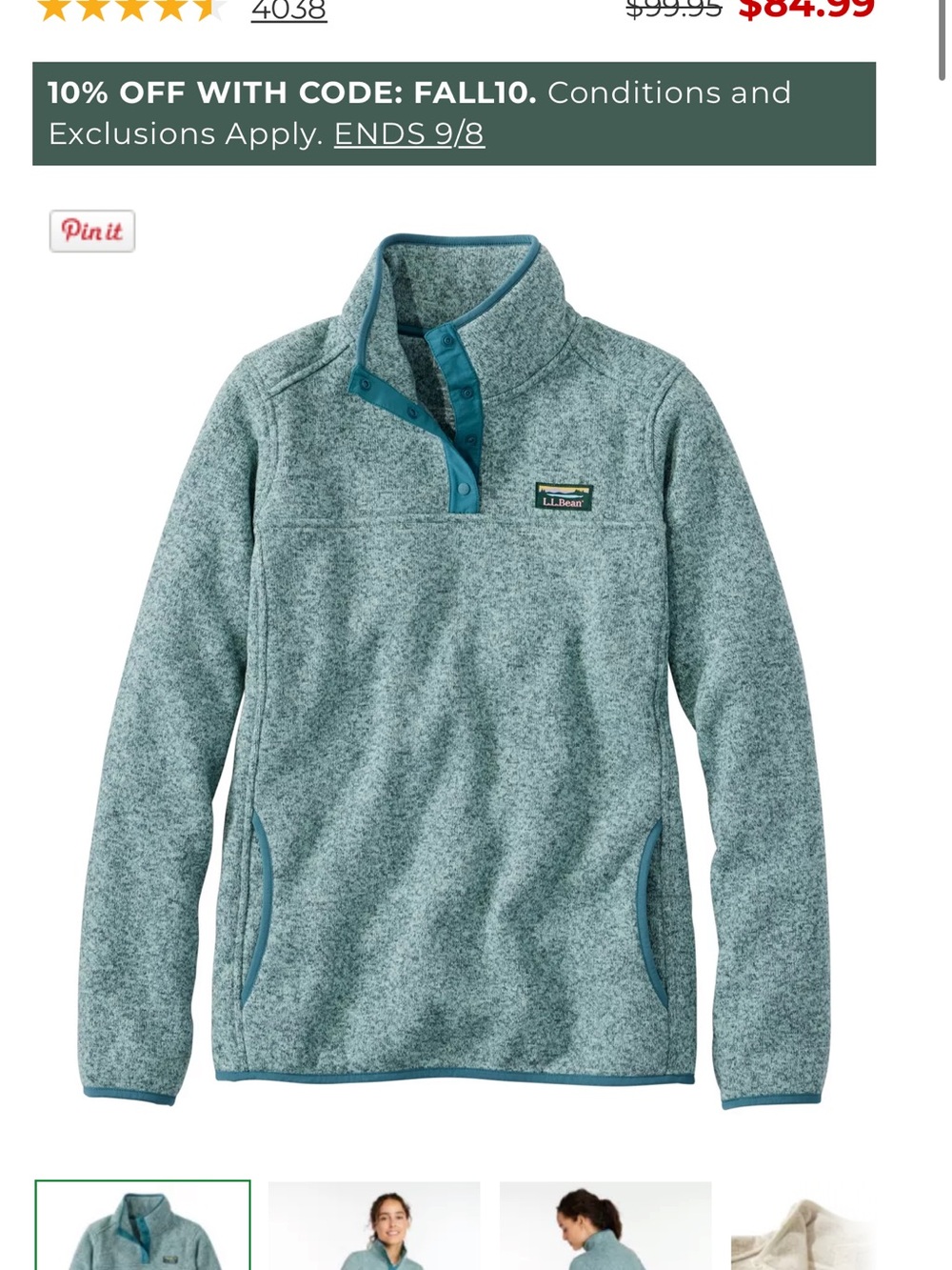 L.L. Bean women’s Heathered Teal Zip-Up Fleece Sweater